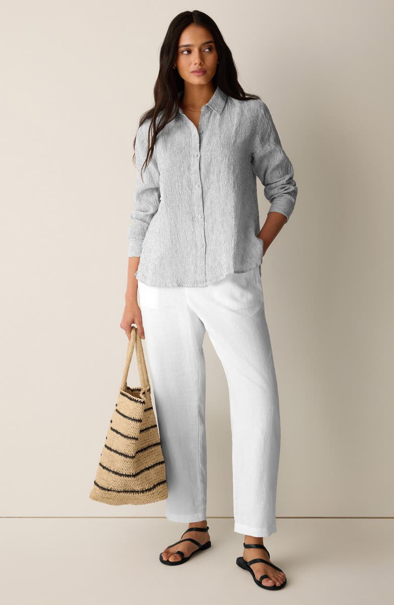 Eileen Fisher Stripe Organic Linen Button-Up Shirt, Alternate, color, White Black