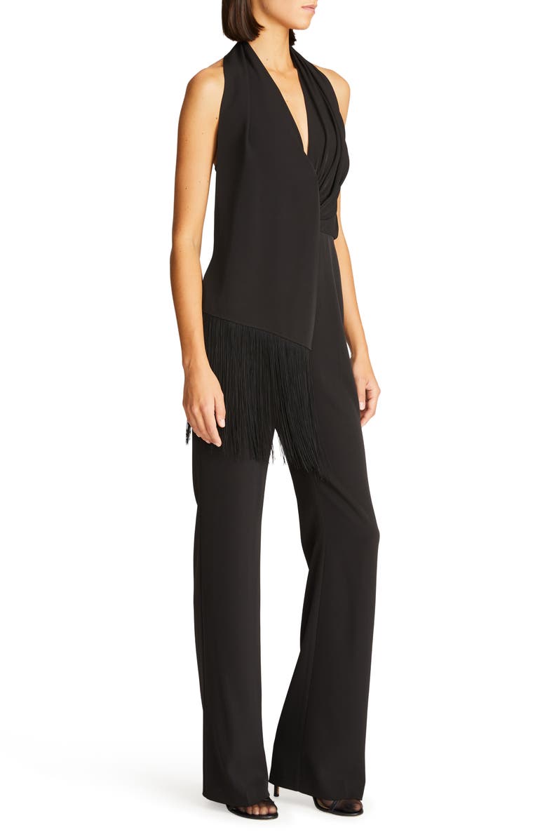 HALSTON Tamra Fringe Crepe Halter Jumpsuit, Alternate, color, 