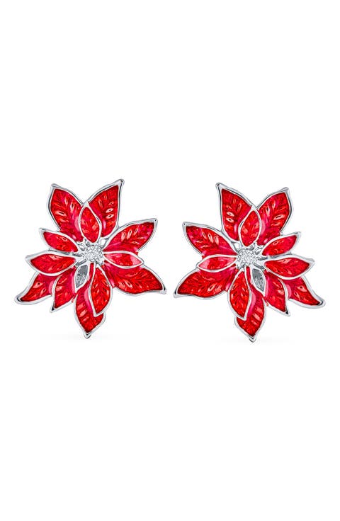 Holiday Pointsettia Flower Stud Earrings