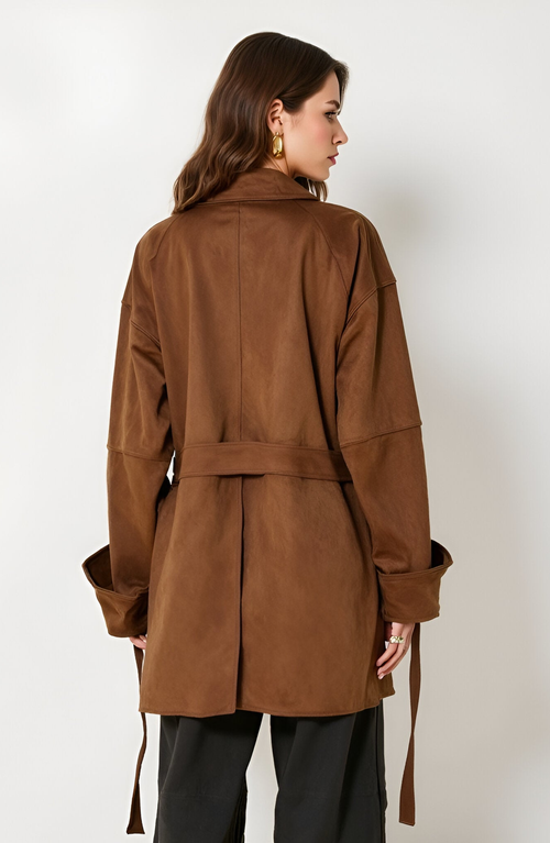 Modenaire Oversized Faux Suede Coat With Wide Lapels And Side Pockets In Brown