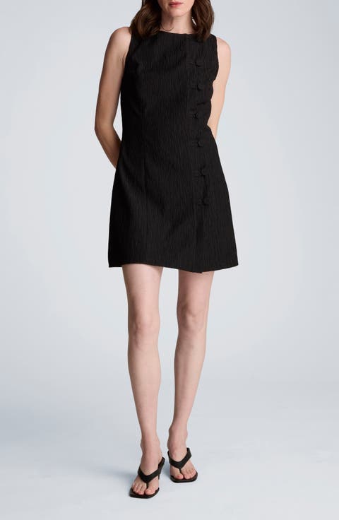Texture Button Front Sleeveless Sheath Dress