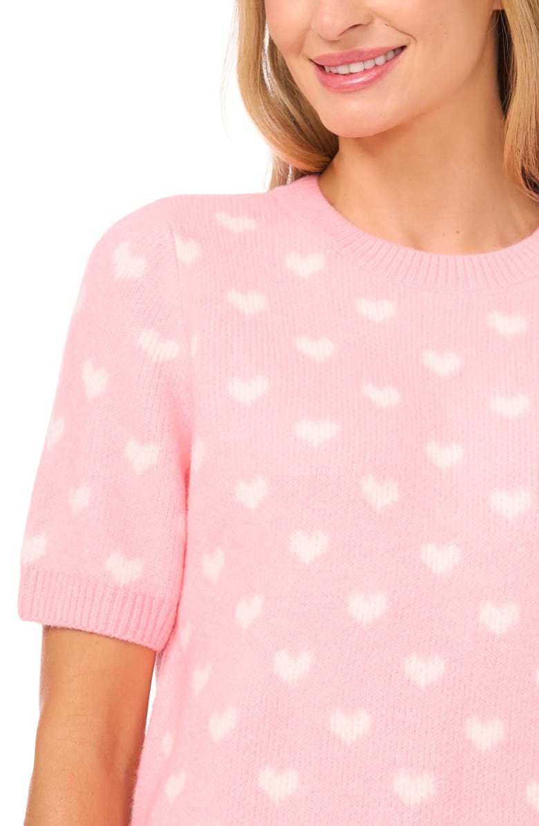 CeCe Heart Short Sleeve Crewneck Sweater, Alternate, color, Prism Pink