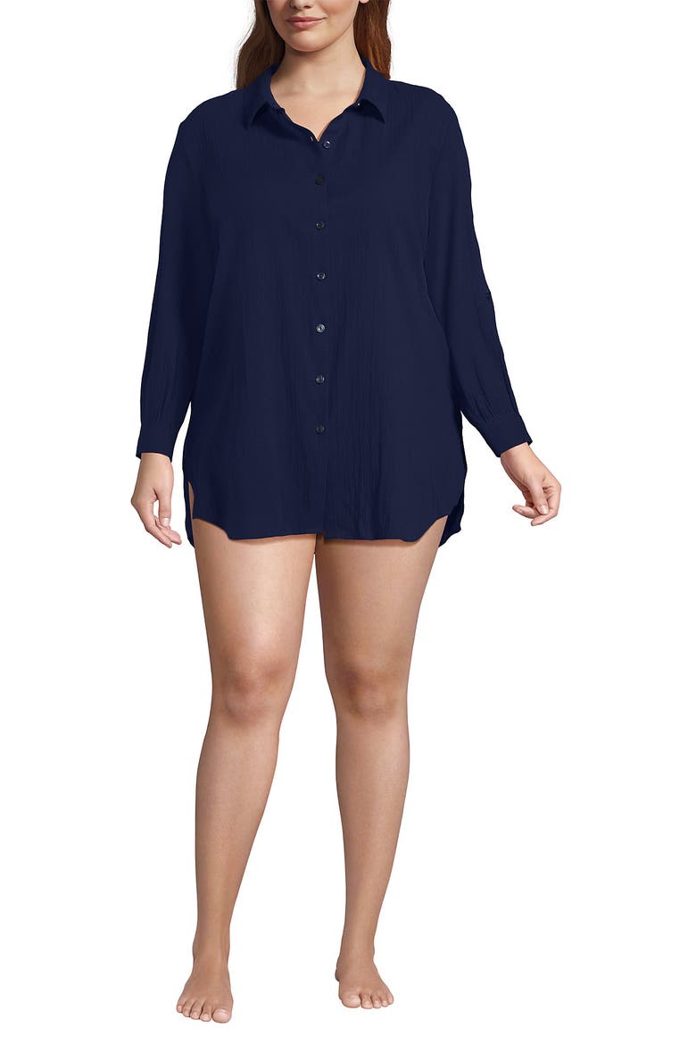 Plus Size New Button-Up Shirt Cover-Up Dress, Main, color, Deep Sea Navy
