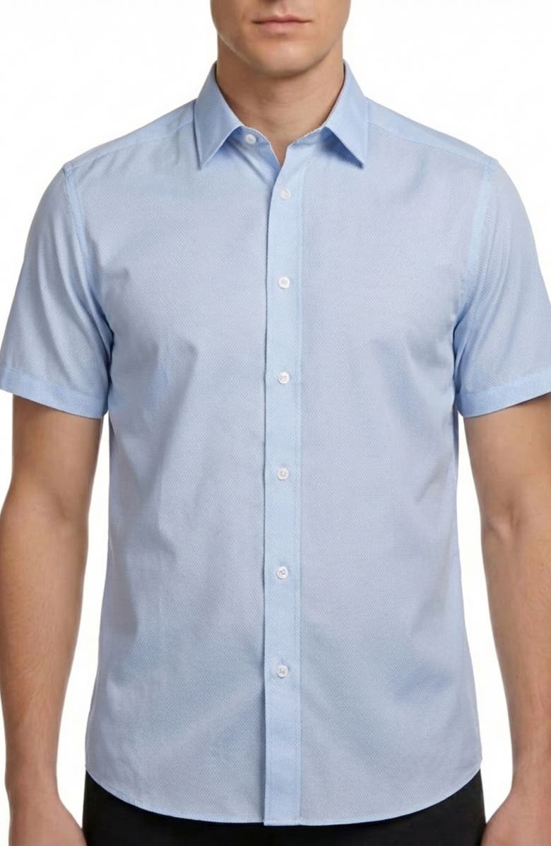 Report Collection Geo Print Short Sleeve Stretch Button-Up Shirt, Main, color, Blue
