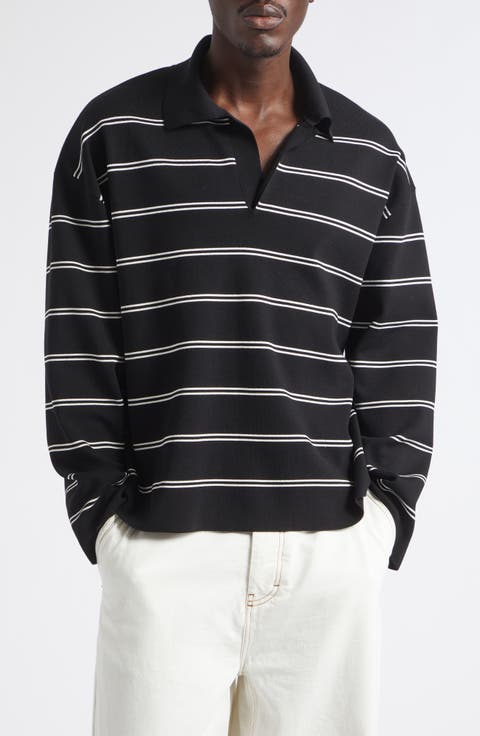 Ami de Coeur Embroidered Stripe Long Sleeve Cotton Polo Sweater