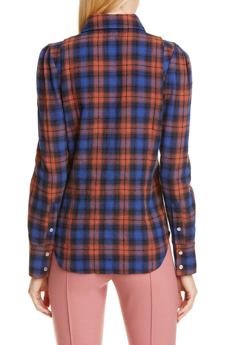 Puff Sleeve Plaid Flannel Shirt, Alternate, color, NAVY/ RUST PLAID