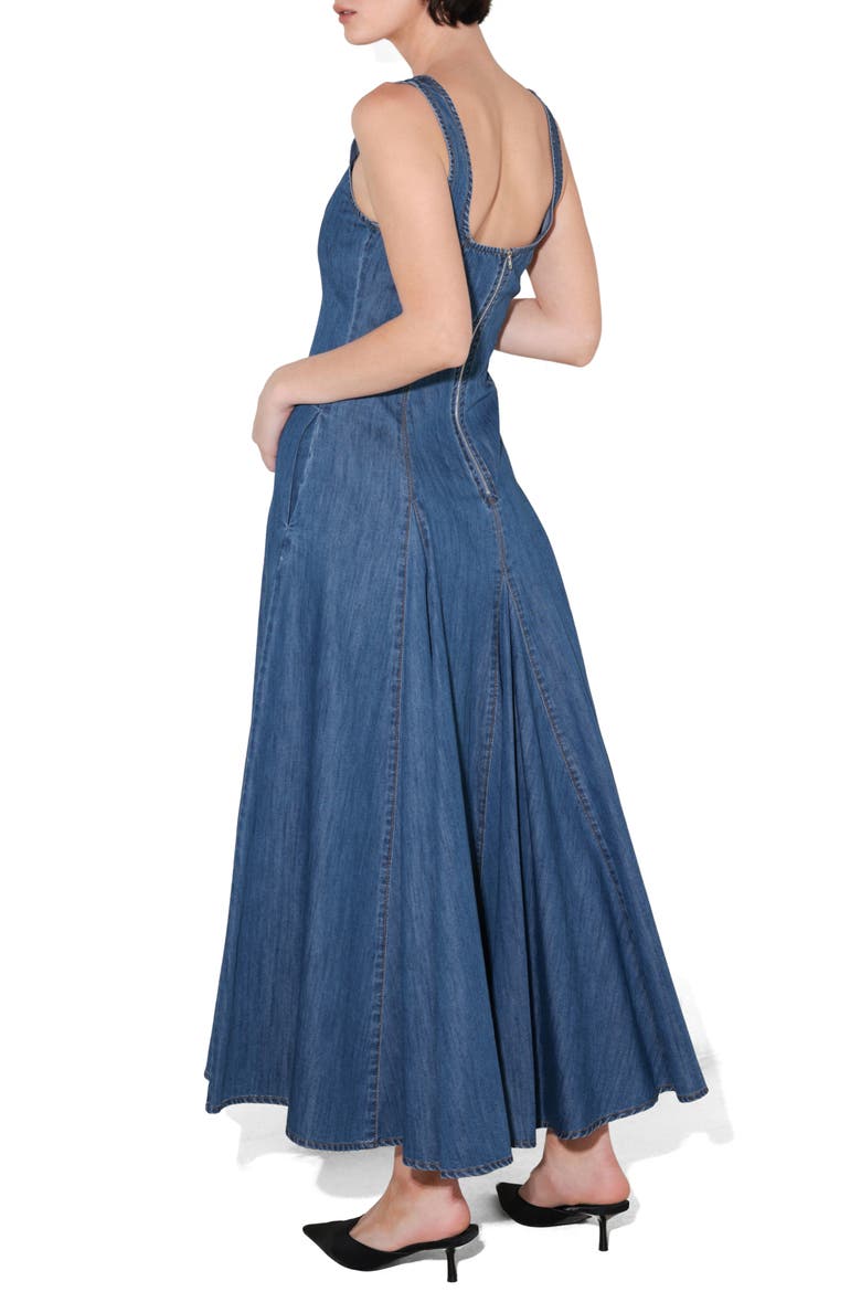 Square Neck A-Line Denim Midi Dress, Alternate, color, MEDIUM INDIGO