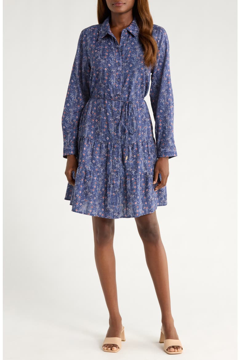 Blue Sea Flora Long Sleeve Cotton Shirtdress, Main, color, COASTLINE
