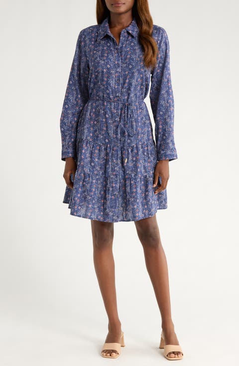 Blue Sea Flora Long Sleeve Cotton Shirtdress