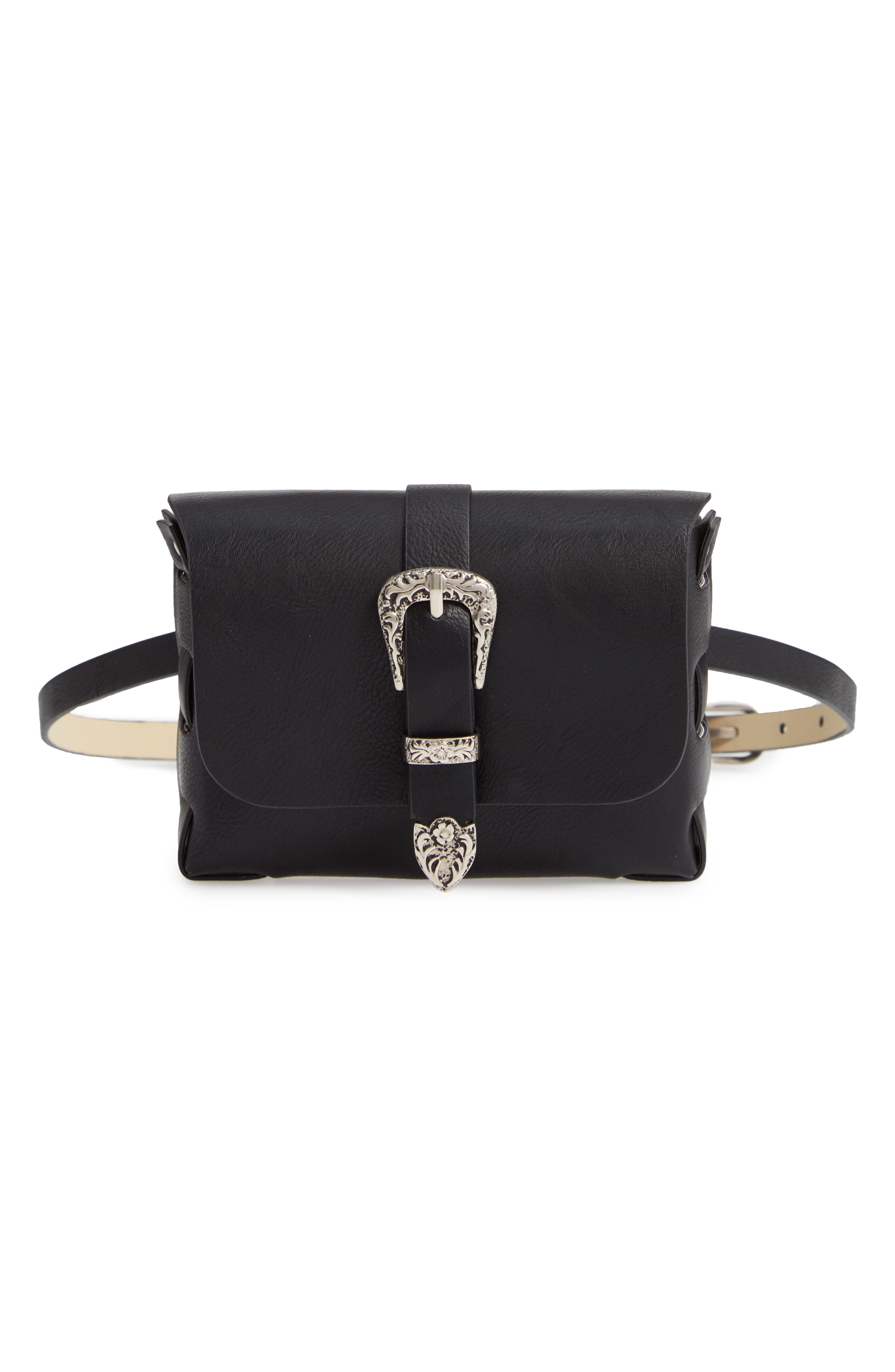 Western Buckle Faux Leather Belt Bag, Main, color, BLACK