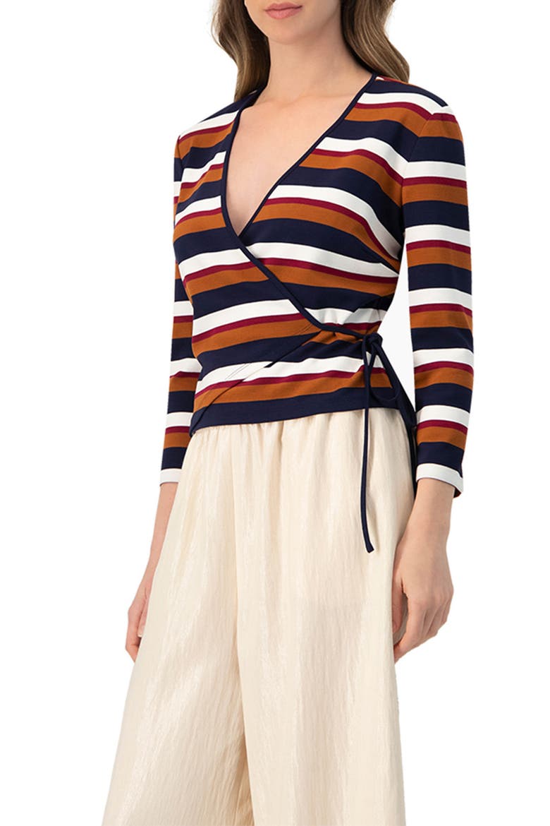 V-Neck Wrap Blouse with Color Block Stripes, Alternate, color, Multi-Brown