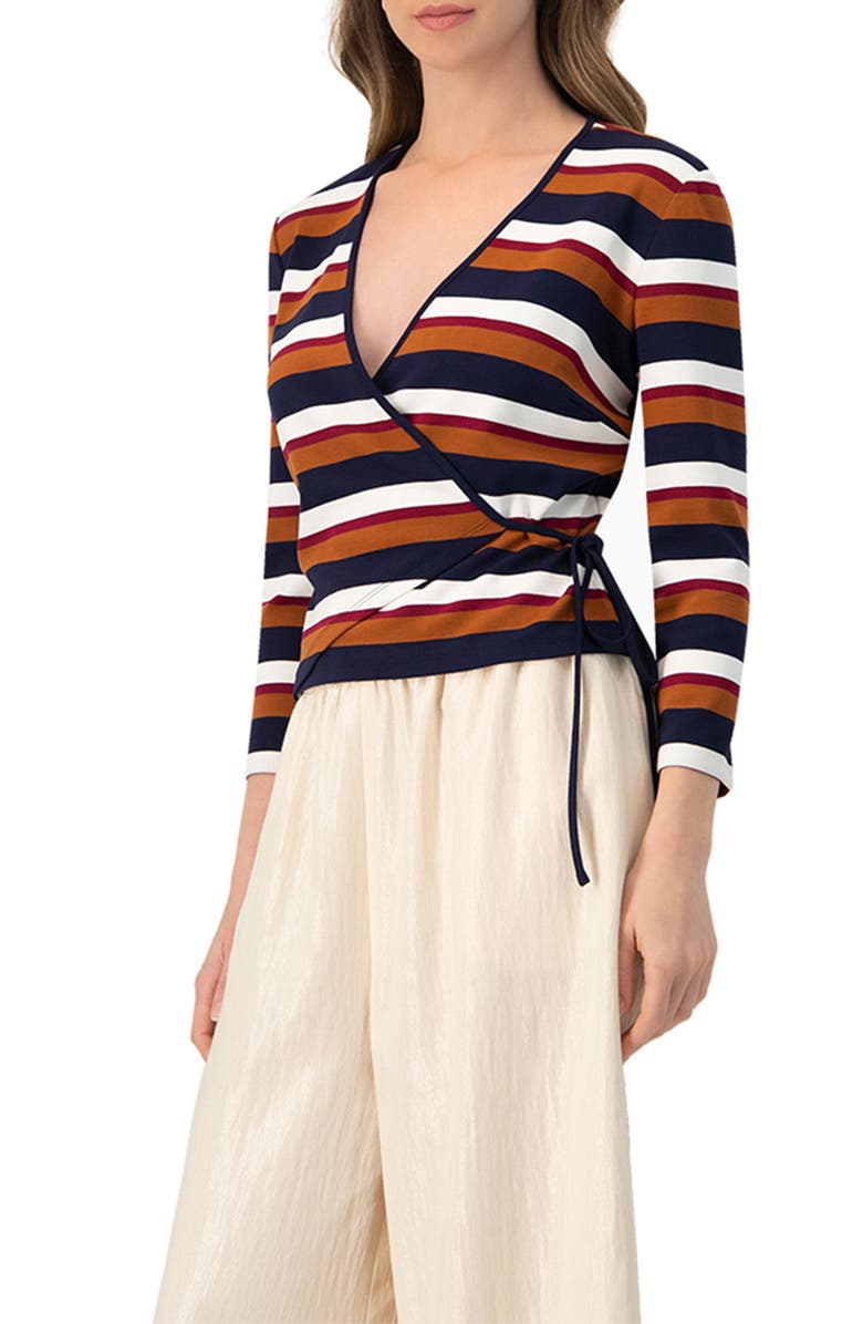 IVONNE V-Neck Wrap Blouse with Color Block Stripes, Alternate, color, Multi-Brown