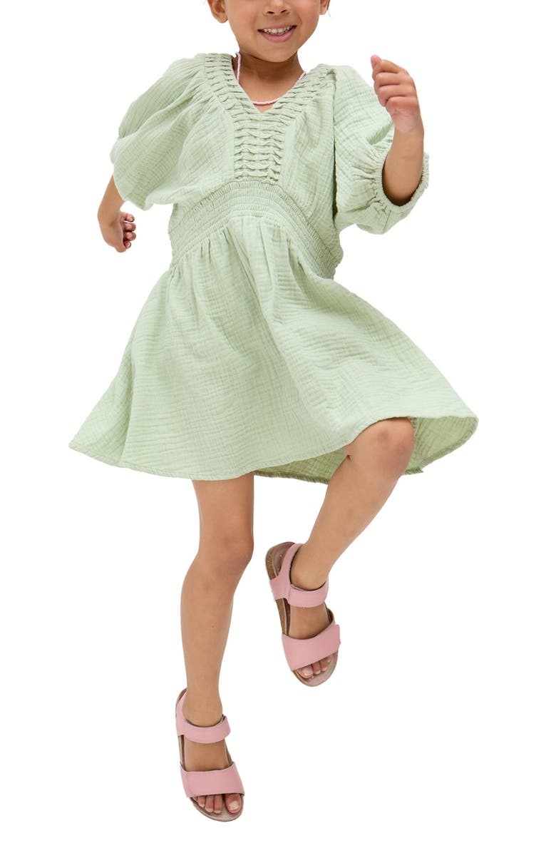 Raffya Kids Soipoi Ruched V-Neck Dress, Main, color, Green