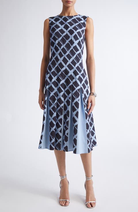 Wavy Plaid Pleated Wool Blend Dress