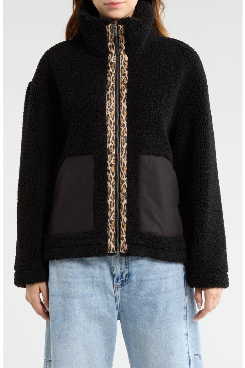 Faux Shearling Full Zip Jacket, Alternate, color, BLACK LEOPARD