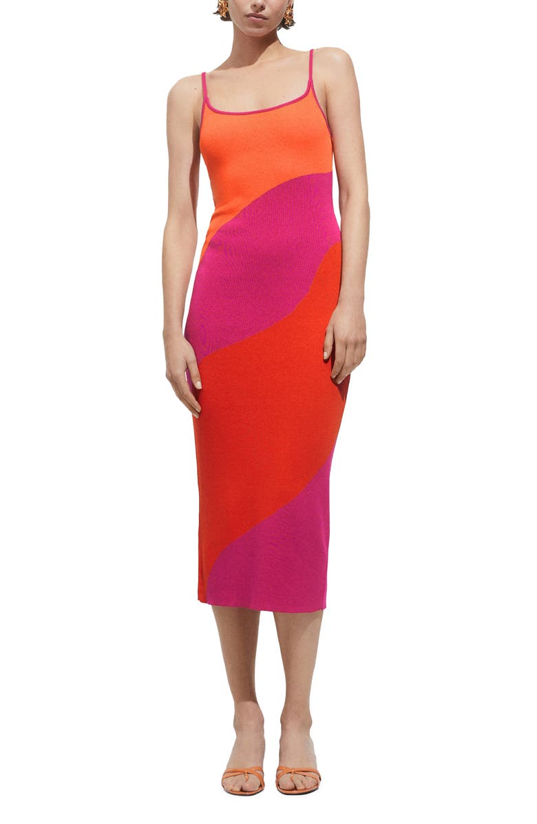 MANGO Colorblock Midi Tank Dress, Main, color, Fuchsia