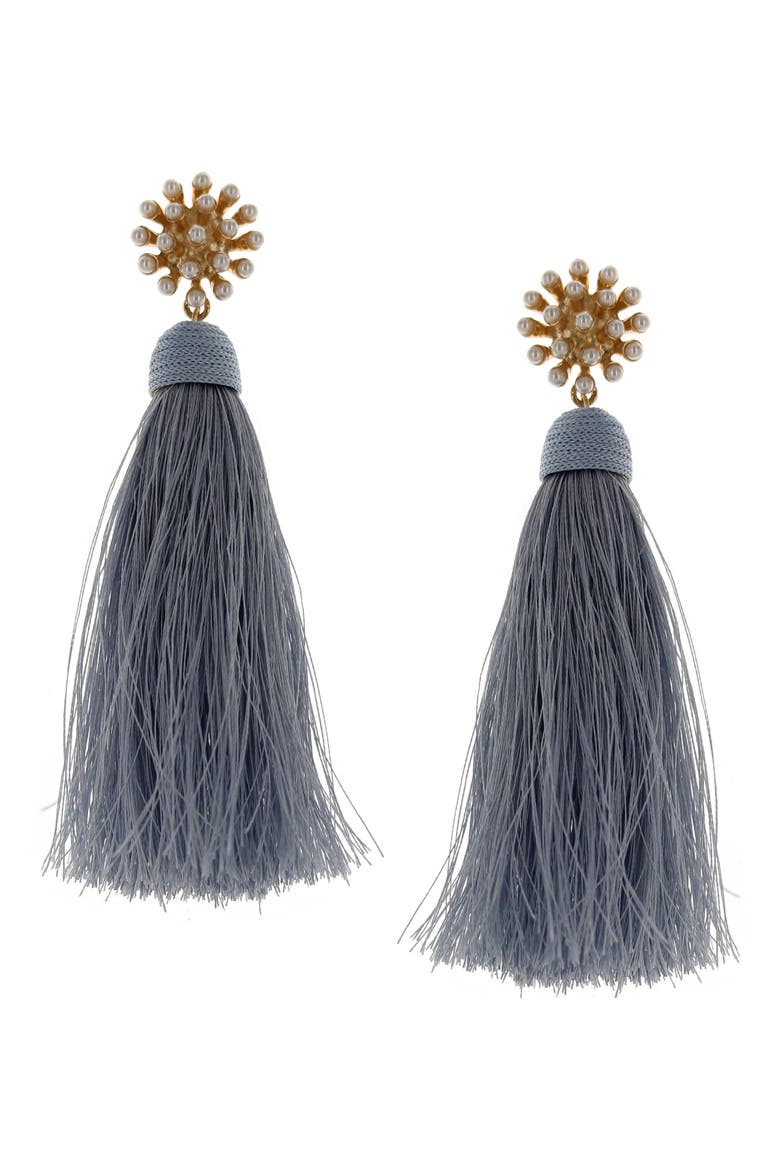Briella Imitation Pearl & Tassel Drop Earrings, Main, color, GOLD / BLUE