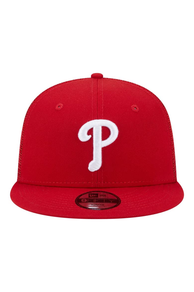 Youth New Era  Red Philadelphia Phillies 9FIFTY Trucker Snapback Hat, Alternate, color, Red