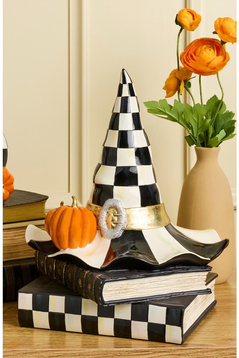 Courtly Check Witch Hat on Books Halloween Ornament, Alternate, color, BLACK