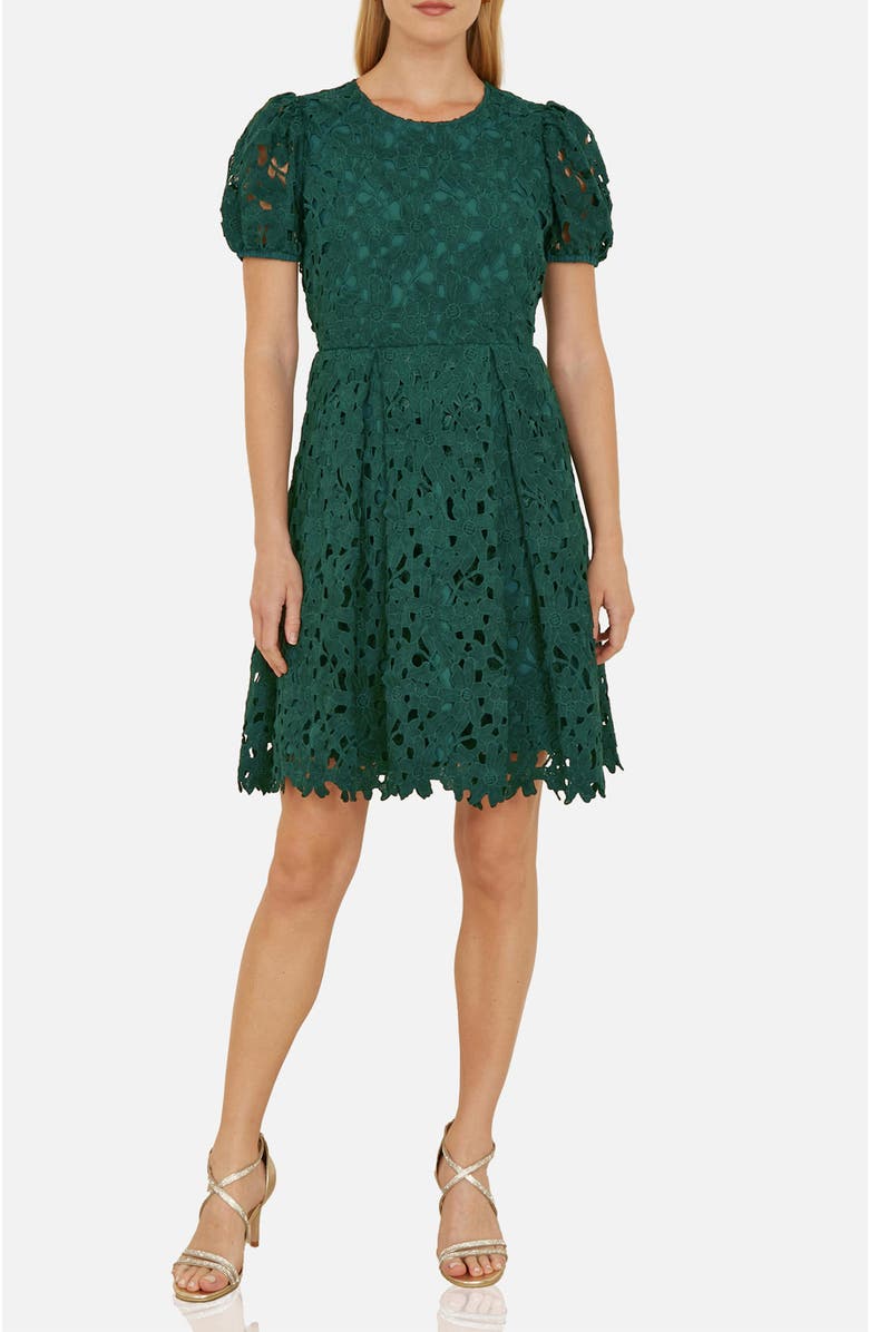 Yumi Lace Puff Sleeve Fit Flare Mini Dress, Alternate, color, Green