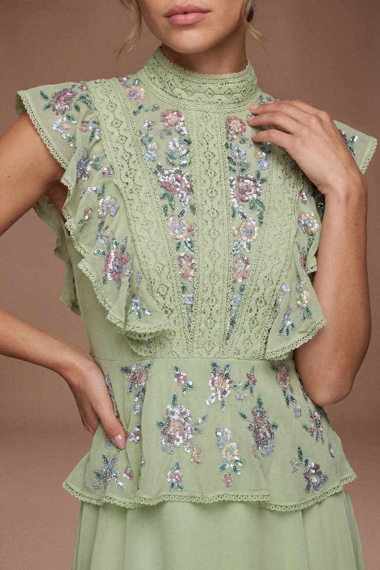 Petite Embellished Frill Midi Dress, Alternate, color, Sage