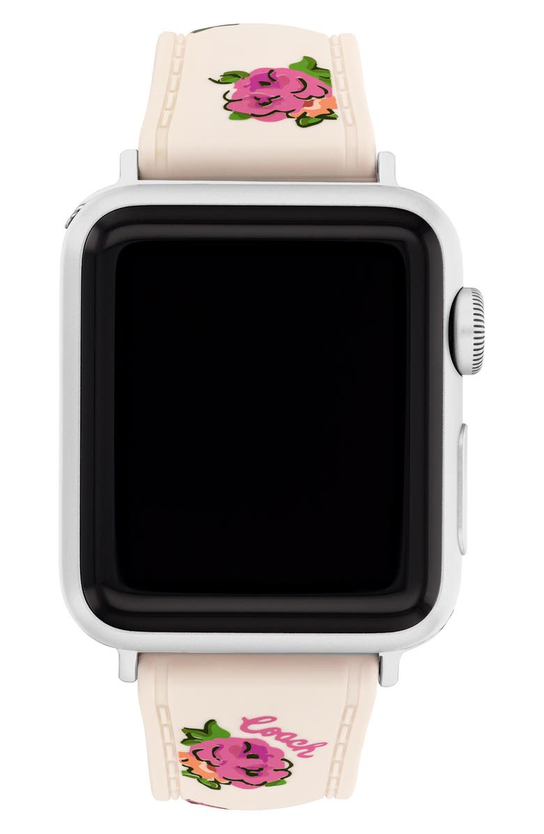 COACH Floral Print Silicone Apple Watch<sup>®</sup> Watchband, Alternate, color, Chalk