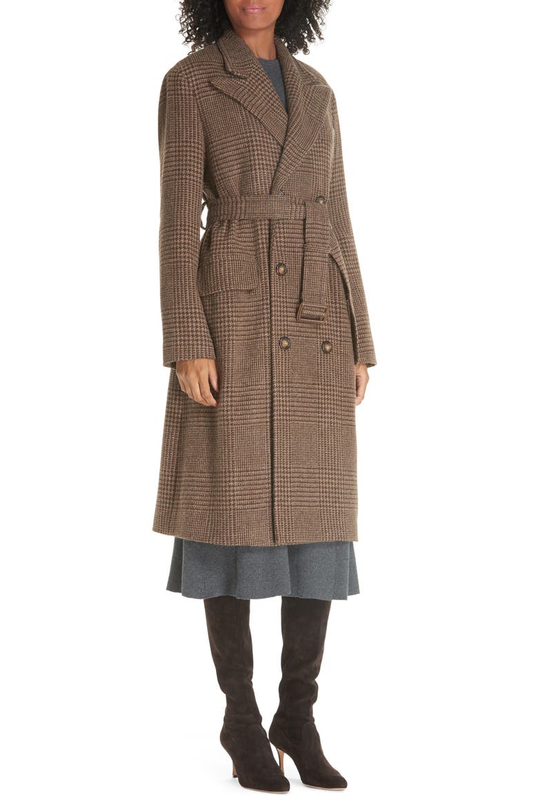 Plaid Lambswool & Alpaca Belted Coat, Alternate, color, BROWN GLEN PLAID
