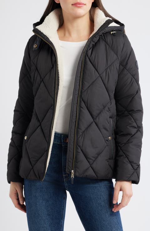 Quilted Diamond Puffer Coat with Removable Hood