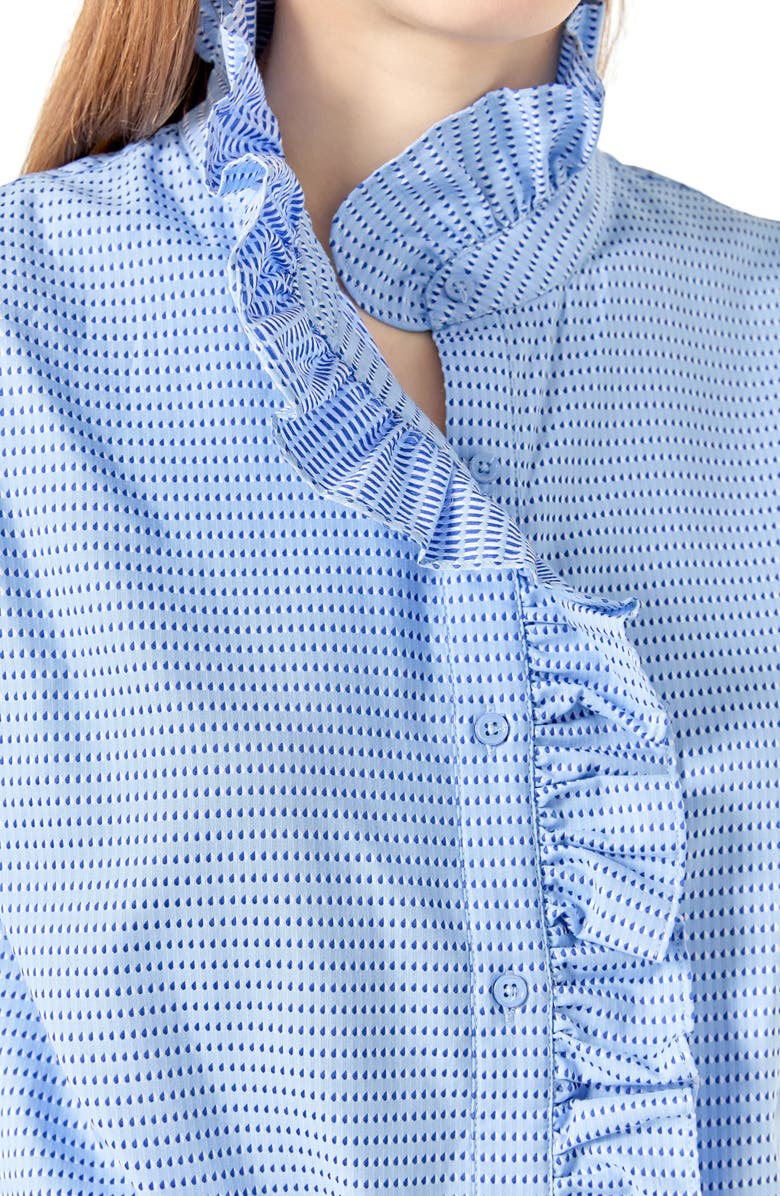 English Factory Microprint Ruffle Detail Cotton Button-Up Shirt, Alternate, color, 