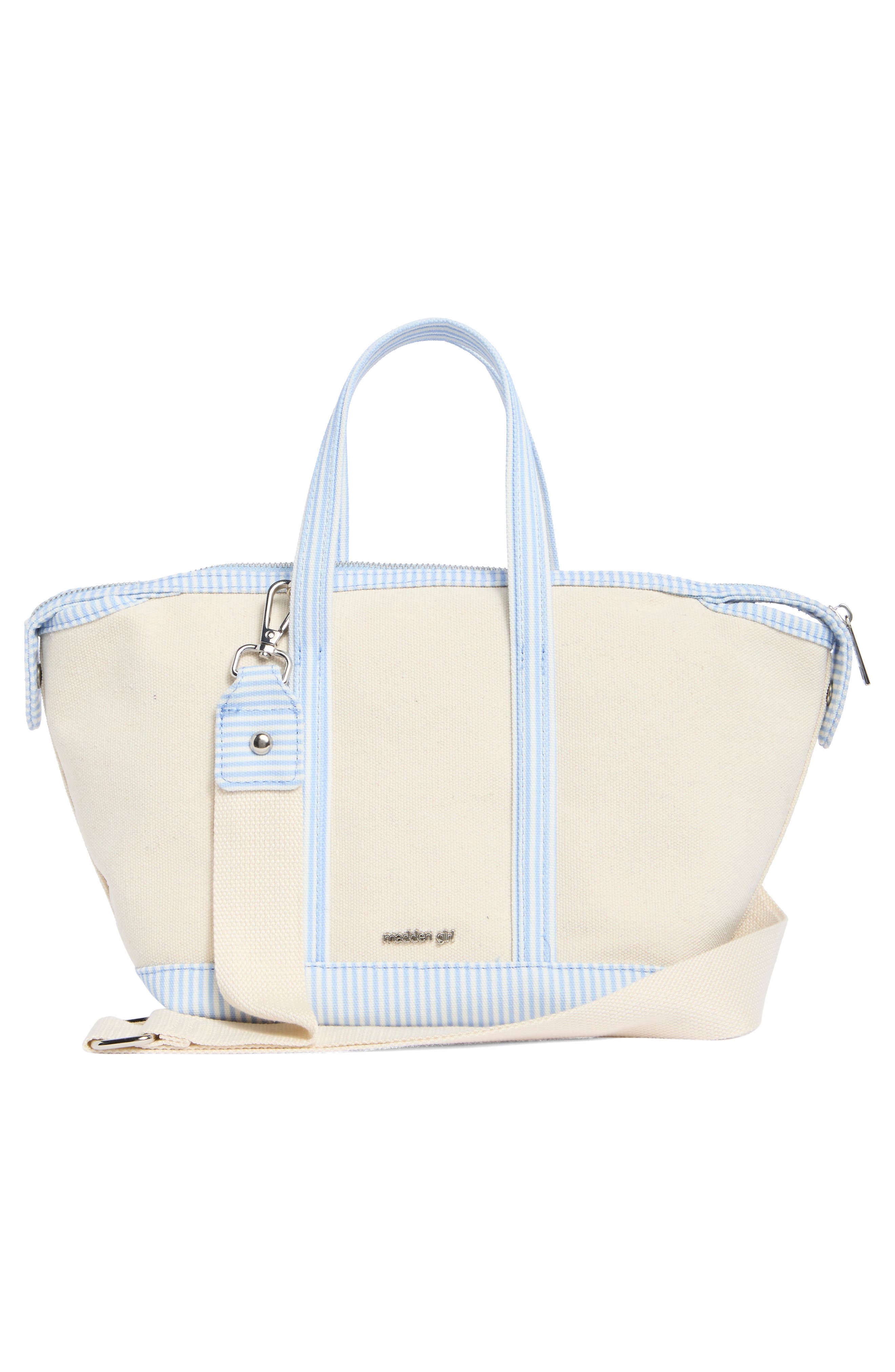 Madden Girl Mini Embroidered Canvas Tote, Alternate, color, Natural/ Blue Stripe