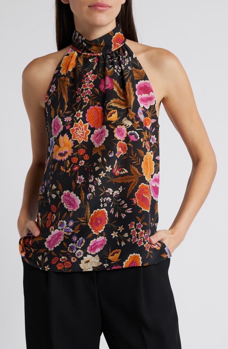 KOBI HALPERIN Madison Floral Silk Halter Top, Main, color, Black Multi