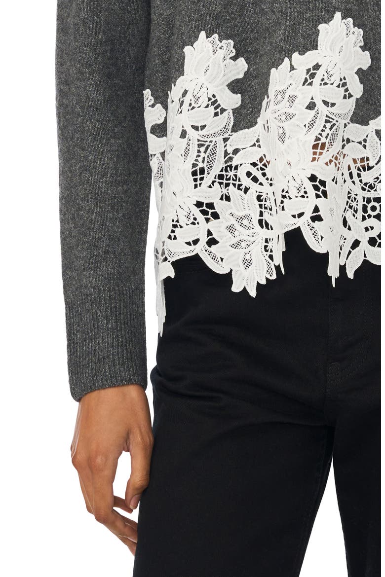 Lace Trim Crewneck Sweater, Alternate, color, MEDIUM HEATHER GREY