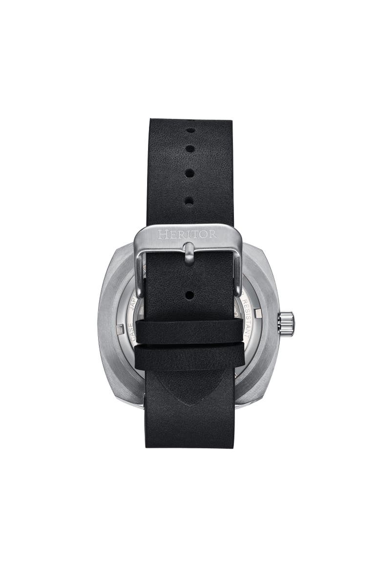 Davenport Engraved-Case Leather-Band Watch w/ Date, Alternate, color, Silver/Black