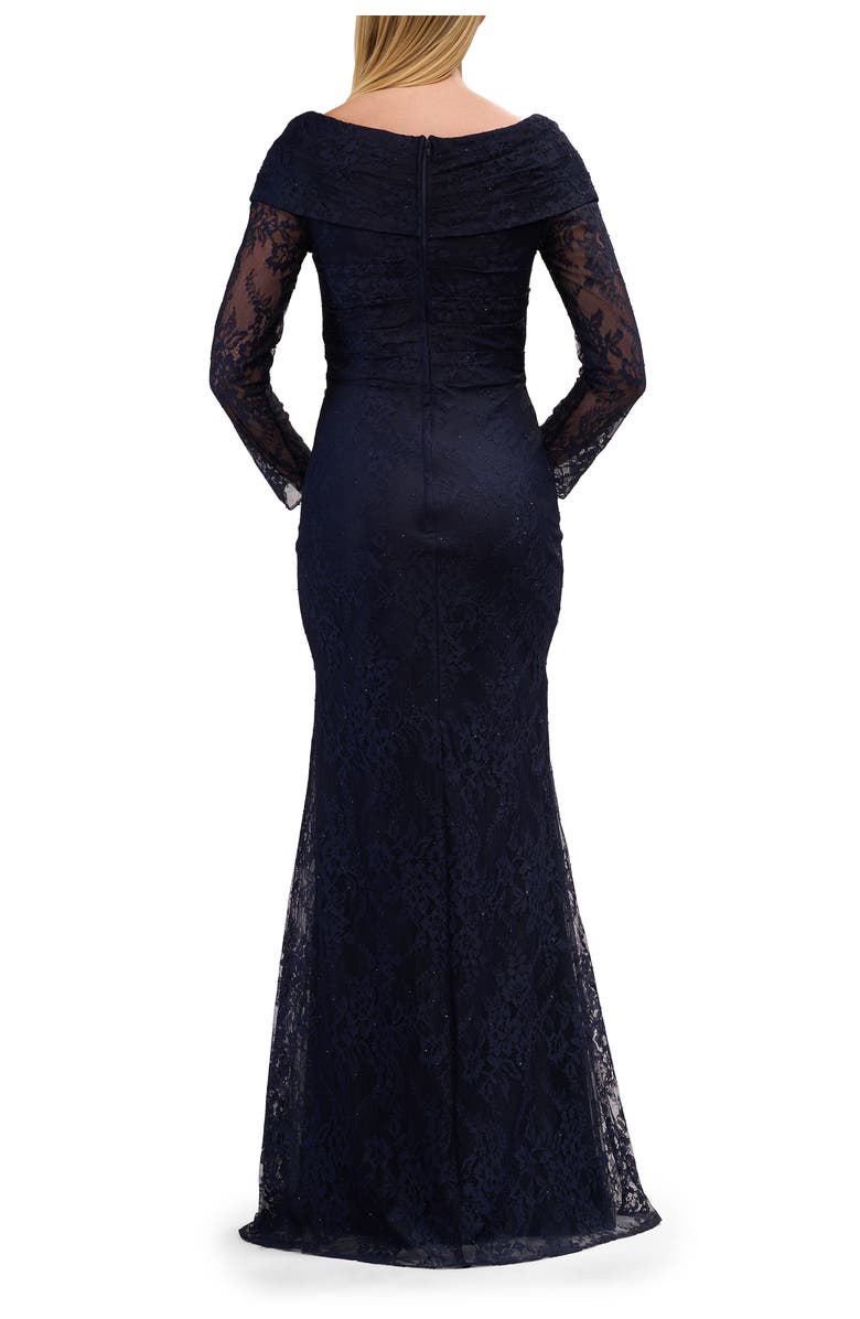 La Femme Lace Long Sleeve V-Neck Evening Gown, Alternate, color, Navy