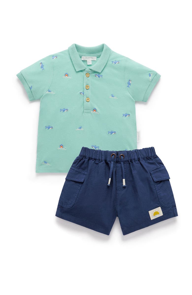 Purebaby Shark Polo Shirt & Short Set, Main, color, Shark Broderie