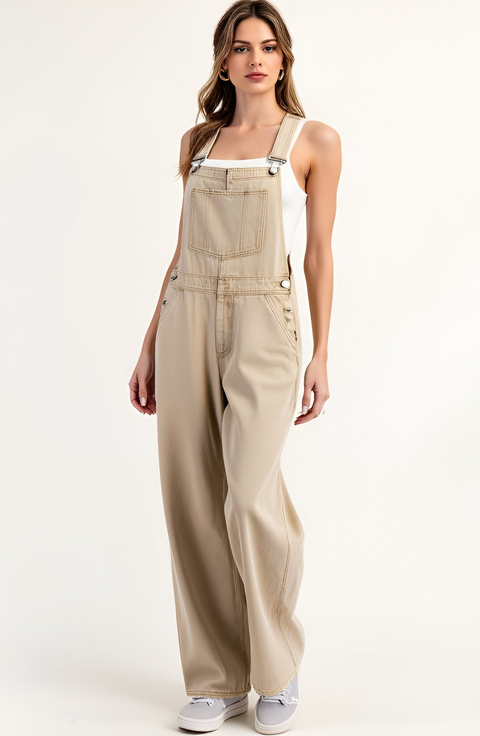 Wide Leg Overalls with Adjustable Straps and Side Button Detail