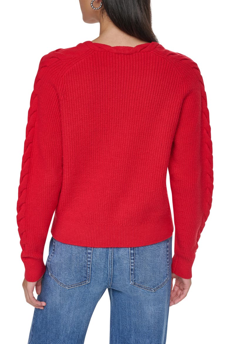 Cable Knit V-Neck Sweater, Alternate, color, VIBRANT RED