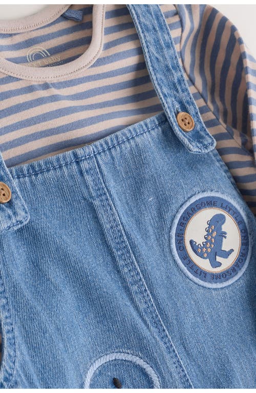 Next Dinosaur Denim Overalls & Stripe Top Set In Blue
