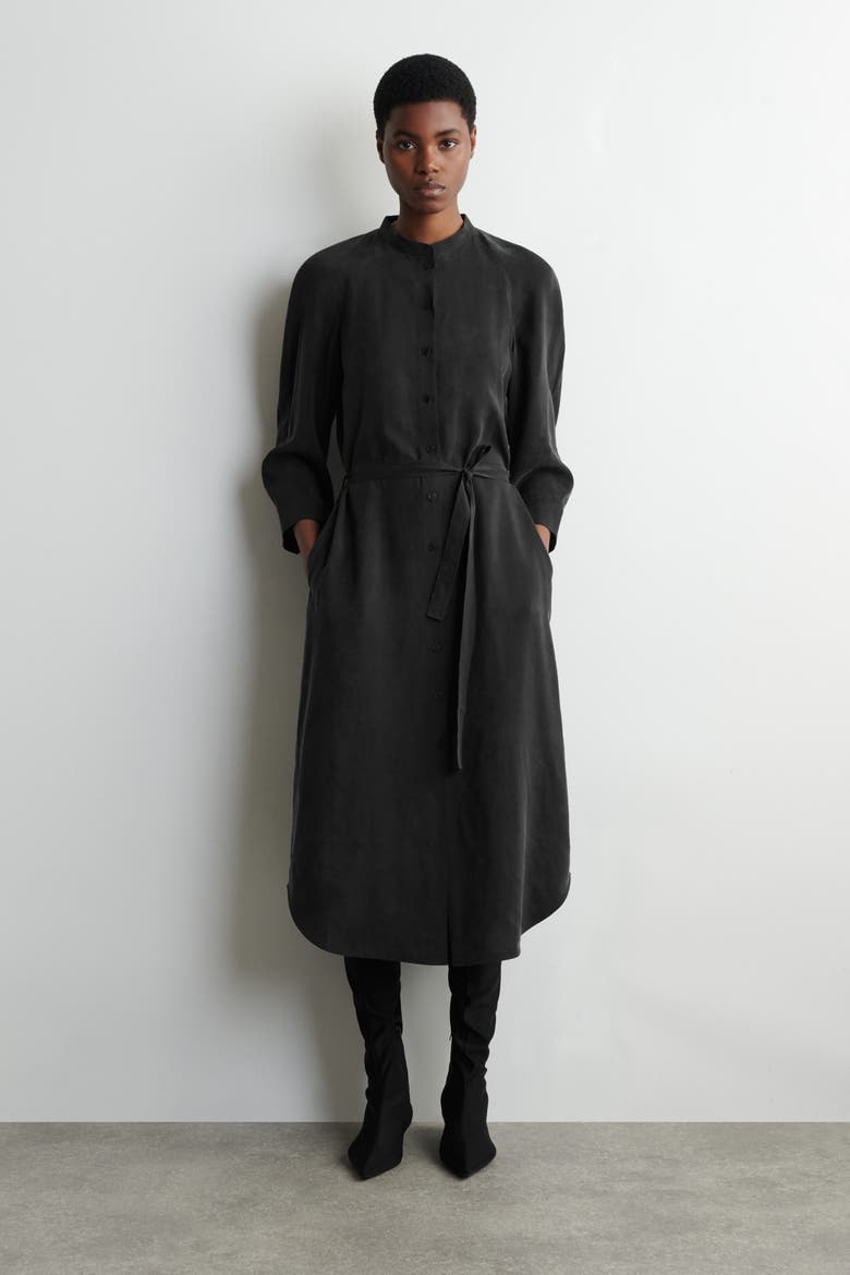 Belted Collarless Midi Shirt Dress, Main, color, BLACK