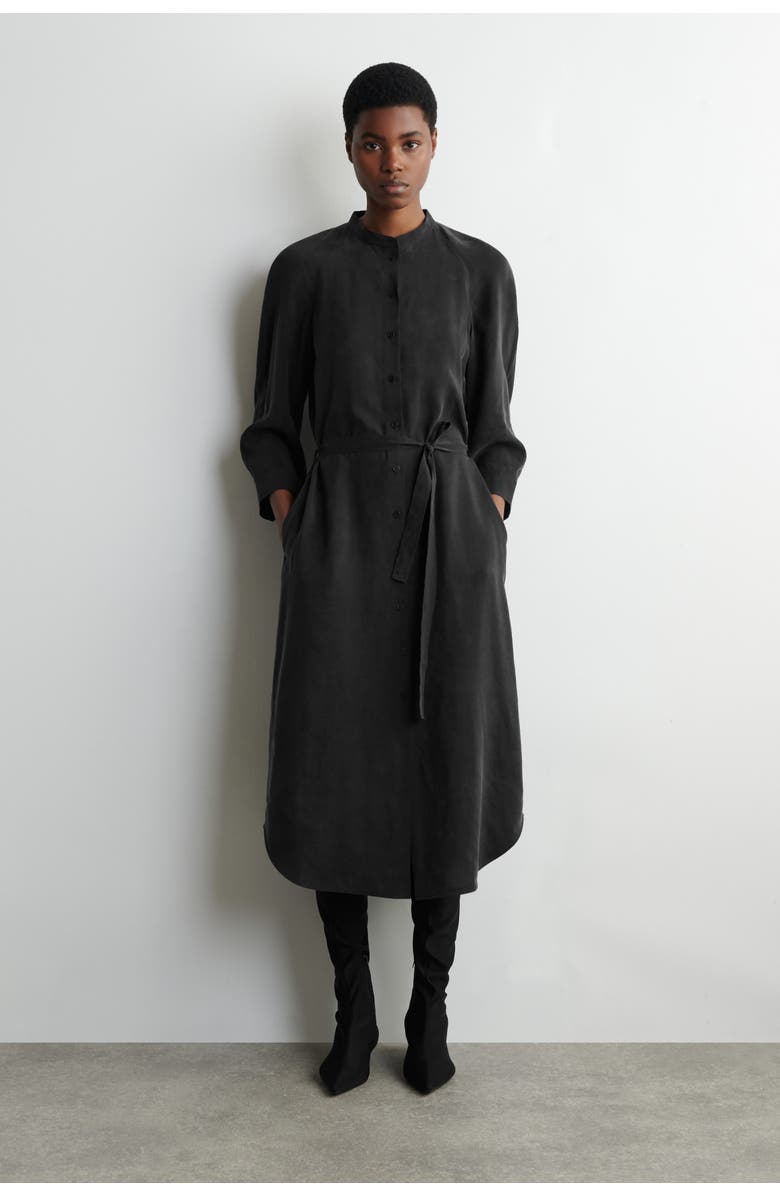 COS Belted Collarless Midi Shirt Dress, Main, color, Black