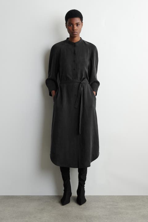 Belted Collarless Midi Shirt Dress