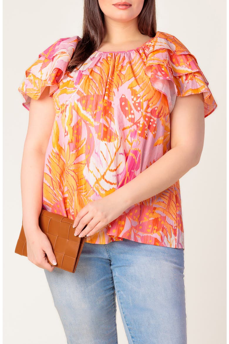 Tiered Flutter Sleeve Cotton Top, Alternate, color, PINK ORANGE