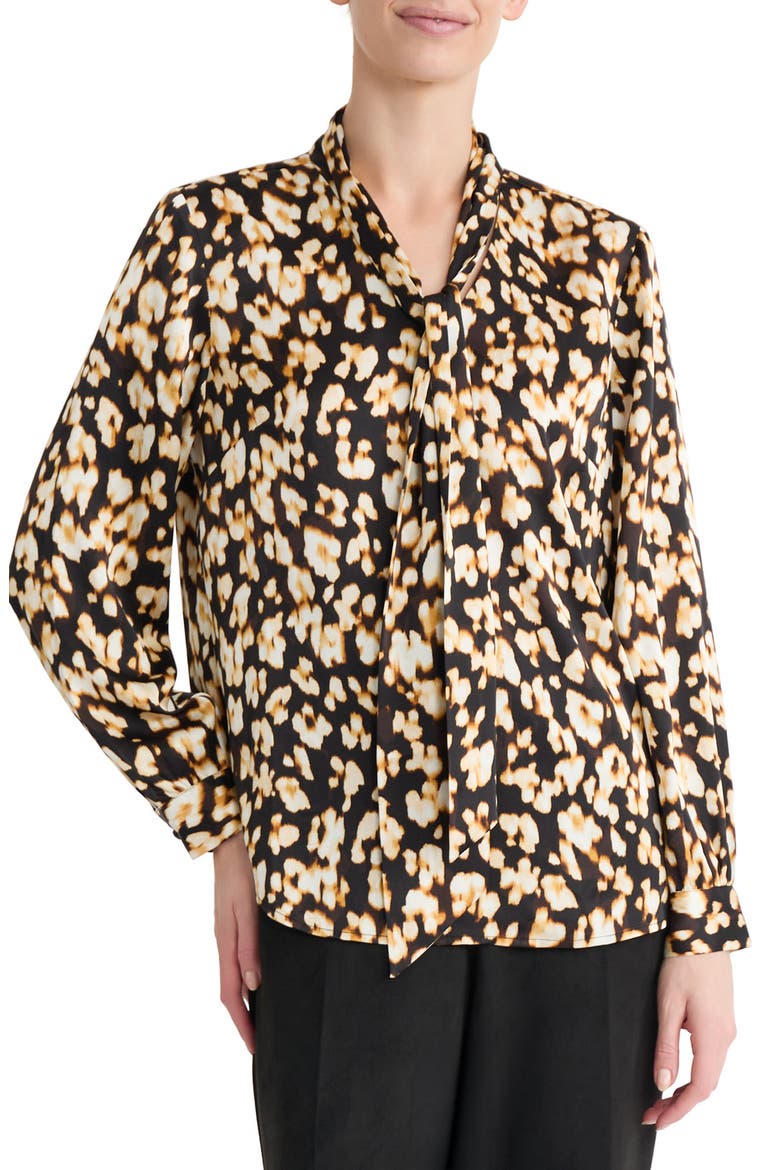 Tie Neck Satin Top, Main, color, RICH CHOCOLATE MULTI