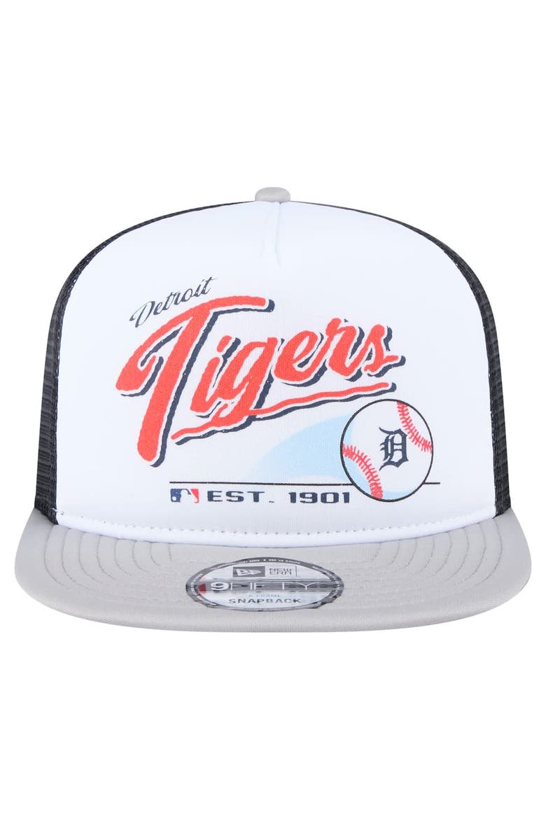 Men's New Era White/Gray Detroit Tigers Retro Script Trucker 9FIFTY Snapback Hat, Alternate, color, White