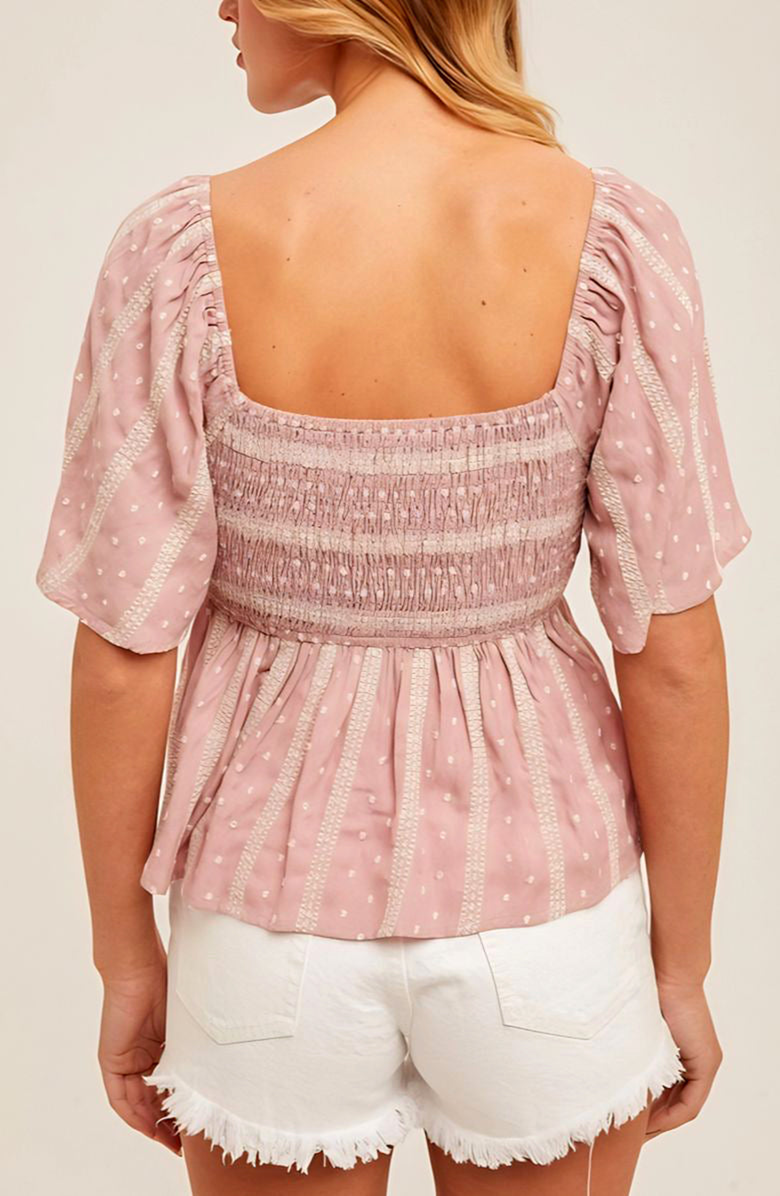 Knit and Lounge Smocked Bodice Peplum Blouse With Flutter Sleeves, Alternate, color, Pink