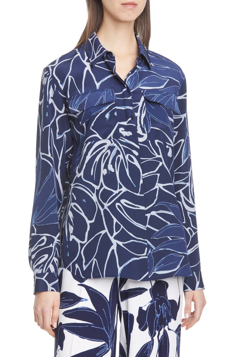 Lafayette 148 New York Zora Leaf Print Silk Shirt, Main, color,