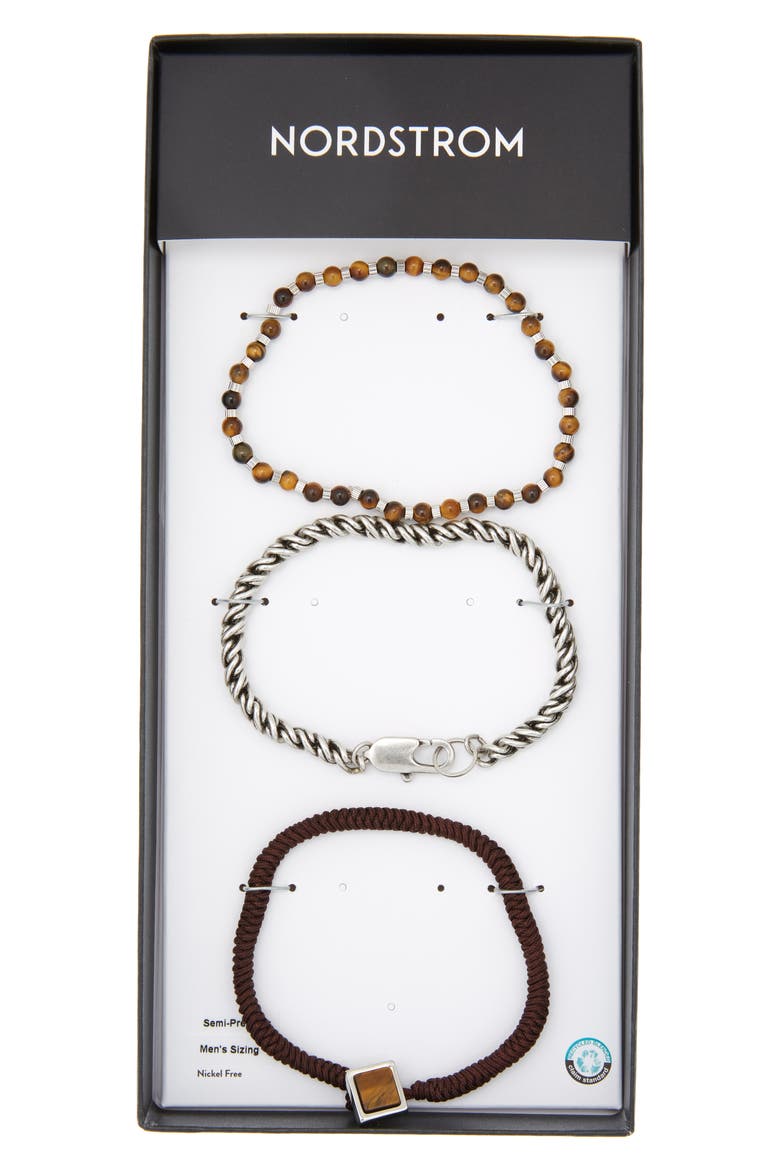 Set of 3 Bracelets, Alternate, color, TIGERS EYE- SILVER