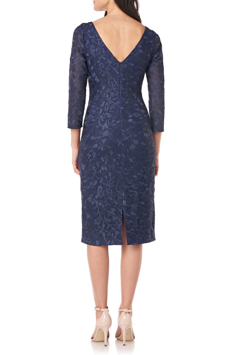 Leaf Embroidered Sheath Cocktail Dress, Alternate, color, NAVY