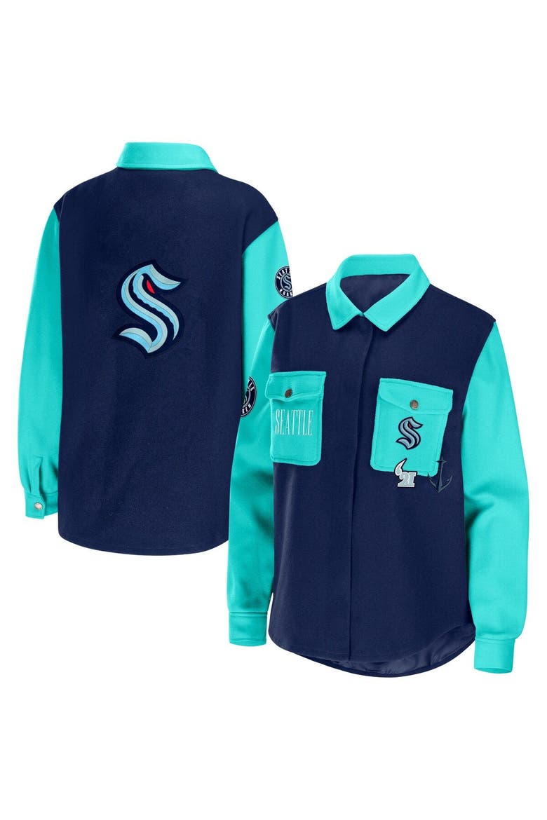 Women's WEAR by Erin Andrews Deep Sea Blue/Light Blue Seattle Kraken Colorblock Button-Up Shirt Jacket, Main, color, Navy