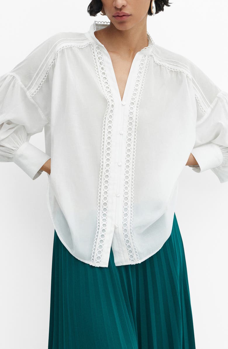 MANGO Openwork Lace Trim Button-Up Shirt, Main, color, 